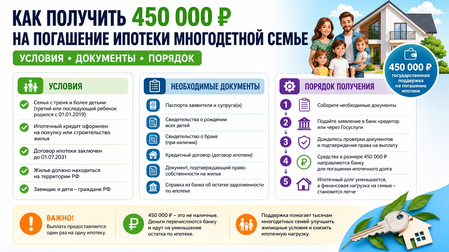 Как получить 450 тысяч на погашение ипотеки многодетной семье: условия, документы, порядок