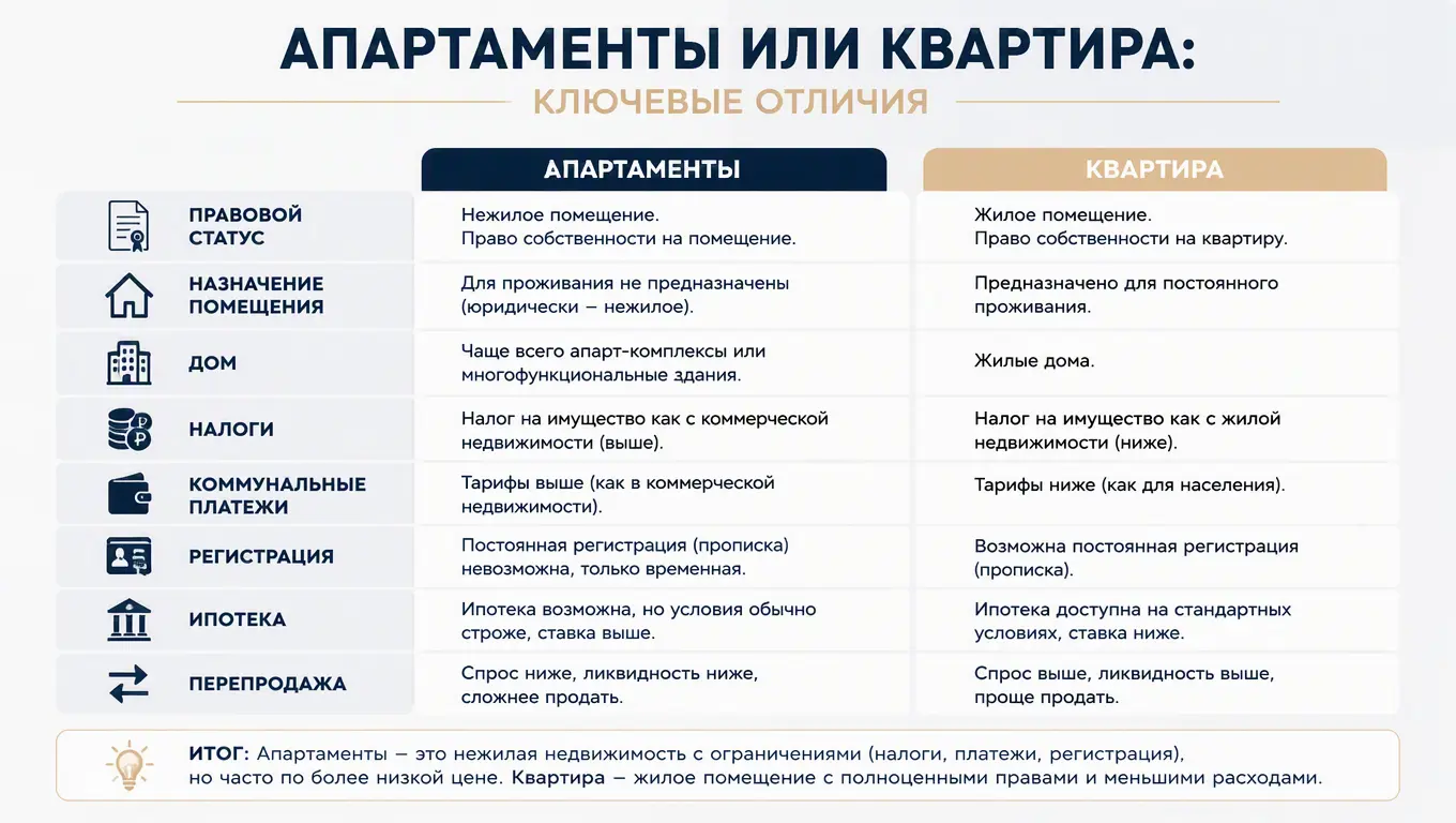Апартаменты или квартира: ключевые отличия в 2026 году
