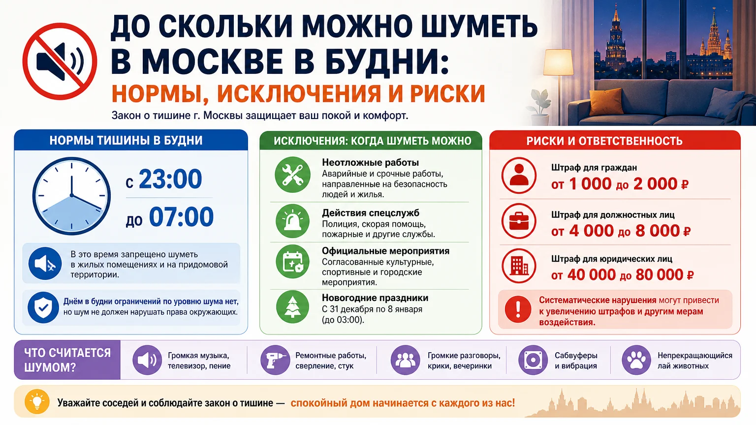 До скольки можно шуметь в Москве в будни: нормы, исключения и риски