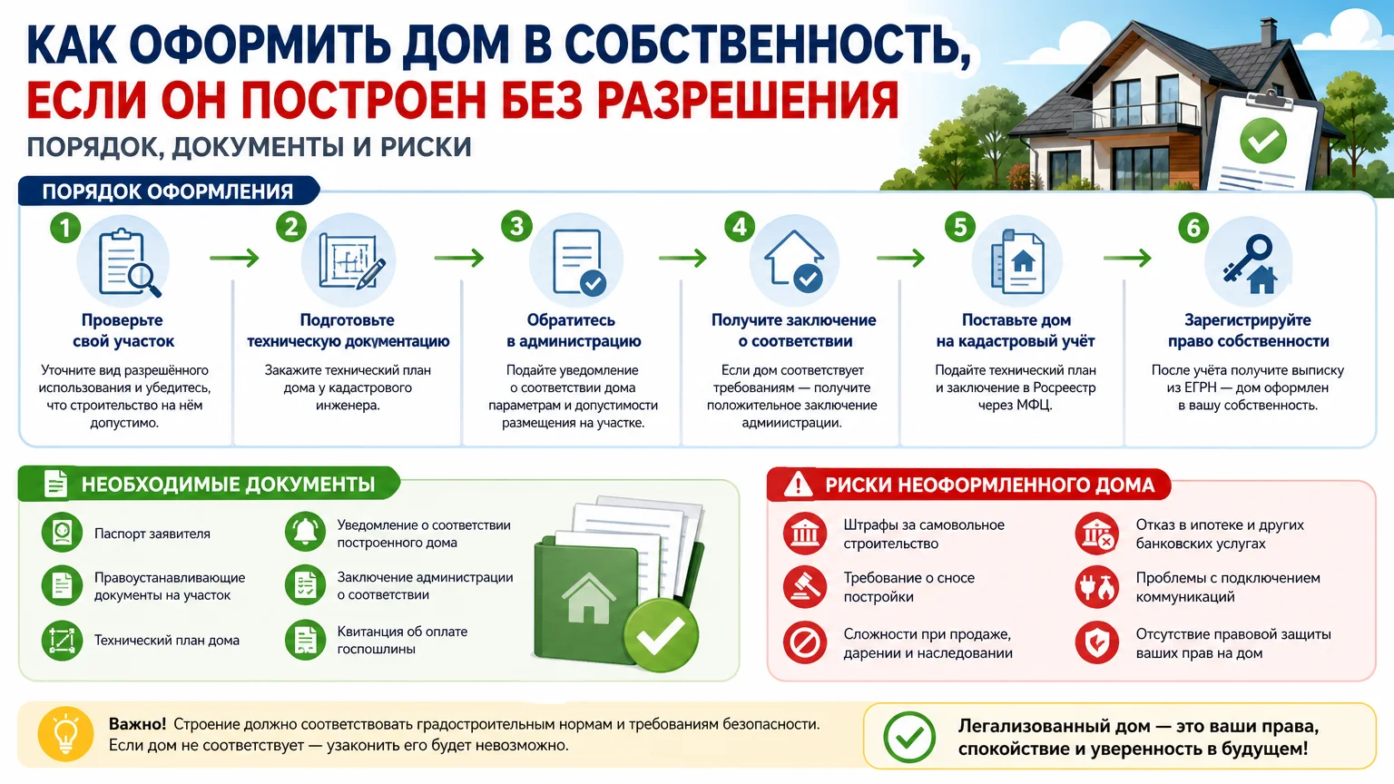 Как оформить дом в собственность, если он построен без разрешения: порядок, документы и риски