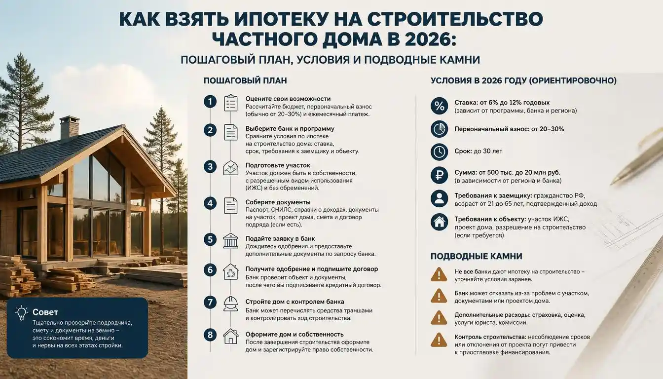 Как взять ипотеку на строительство частного дома в 2026: пошаговый план, условия и подводные камни