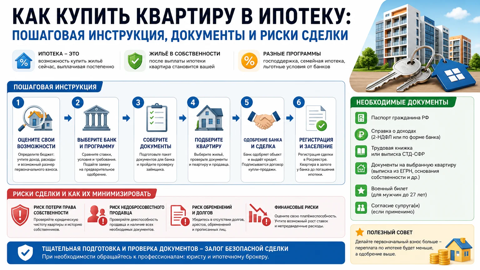Как купить квартиру в ипотеку: пошаговая инструкция, документы и риски сделки