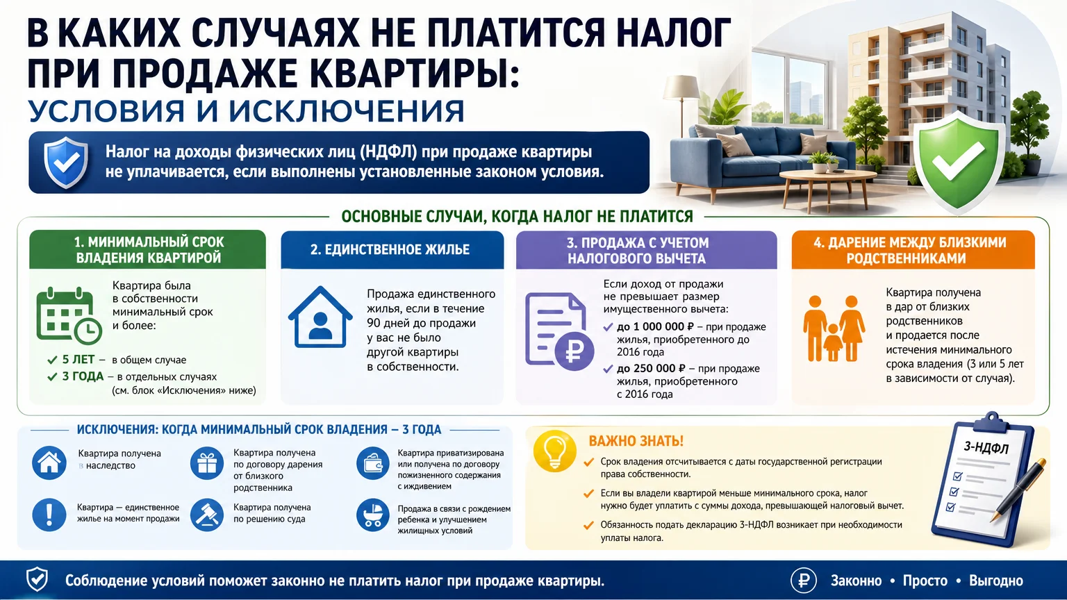 В каких случаях не платится налог при продаже квартиры: условия и исключения