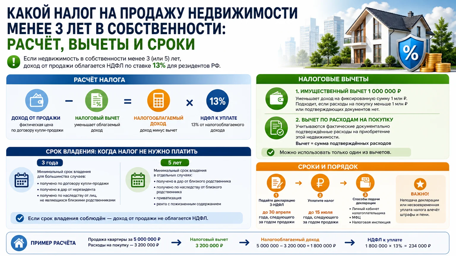 Какой налог на продажу недвижимости менее 3 лет в собственности: расчёт, вычеты и сроки