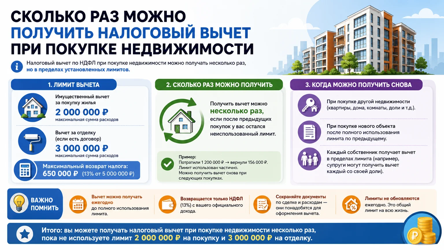 Сколько раз можно получить налоговый вычет при покупке недвижимости