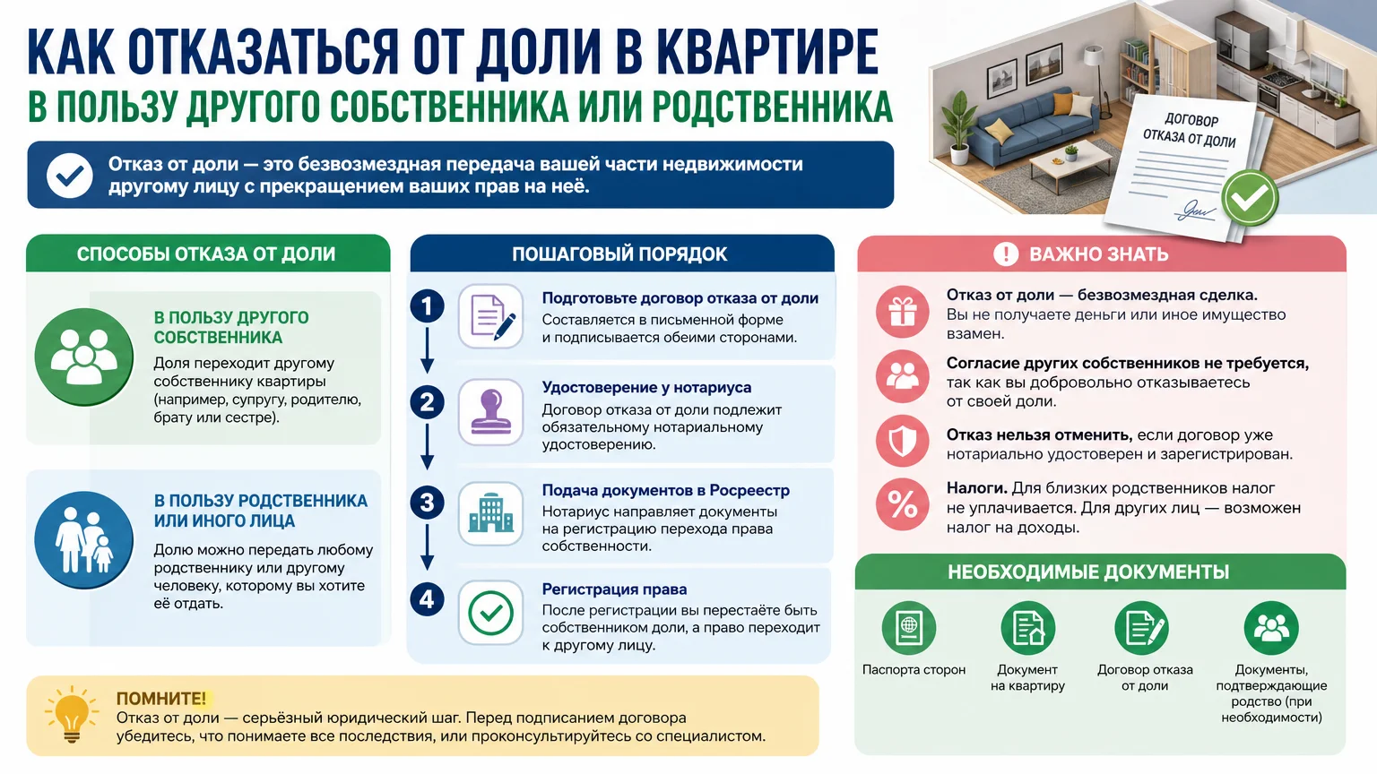 Как отказаться от доли в квартире в пользу другого собственника или родственника