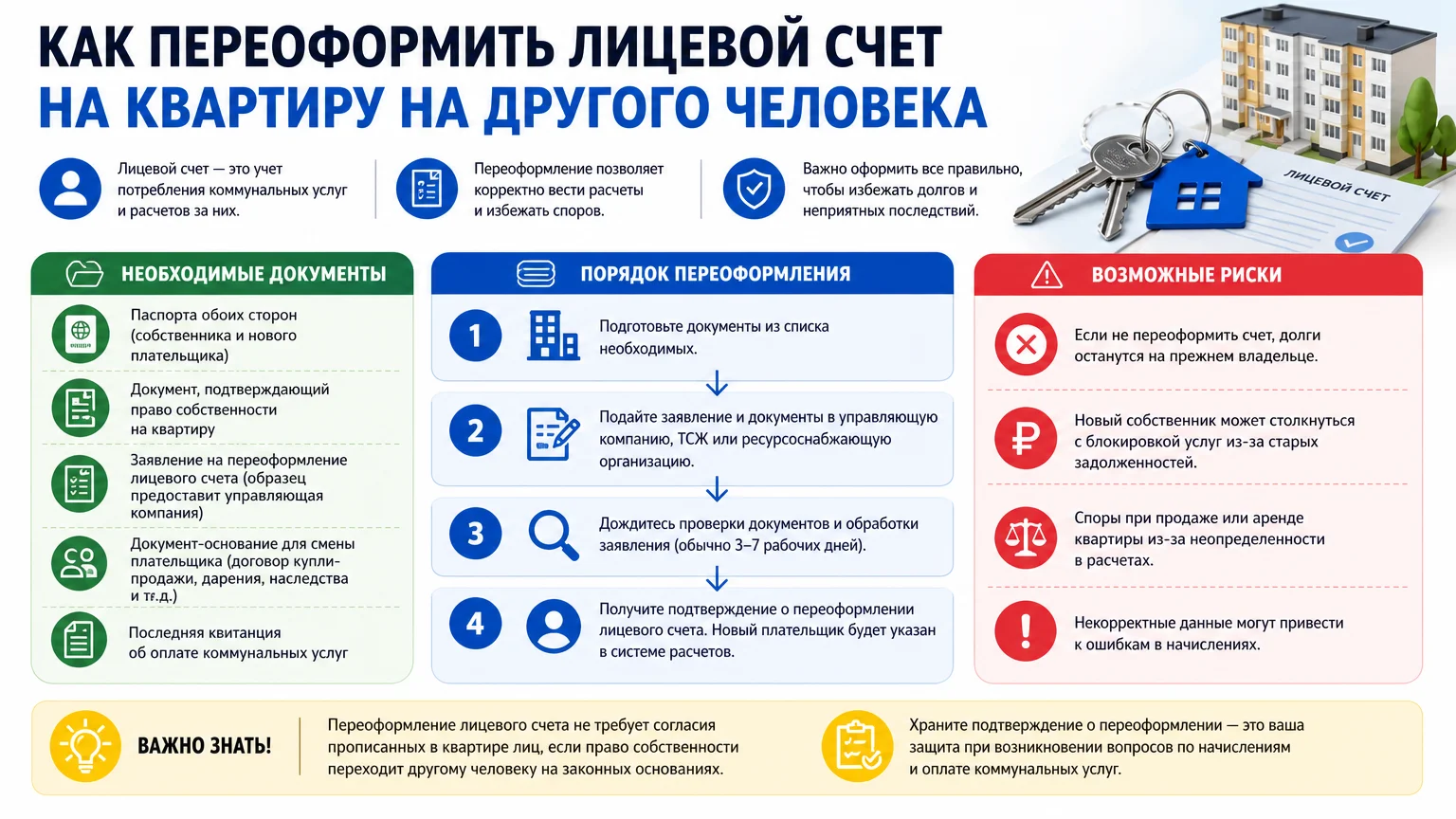 Как переоформить лицевой счет на квартиру на другого человека: документы, порядок, риски