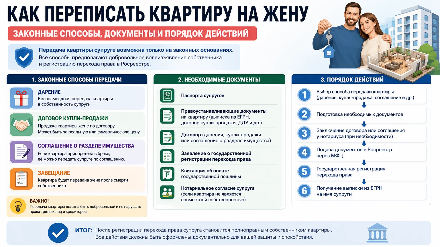 Как переписать квартиру на жену: законные способы, документы и порядок действий