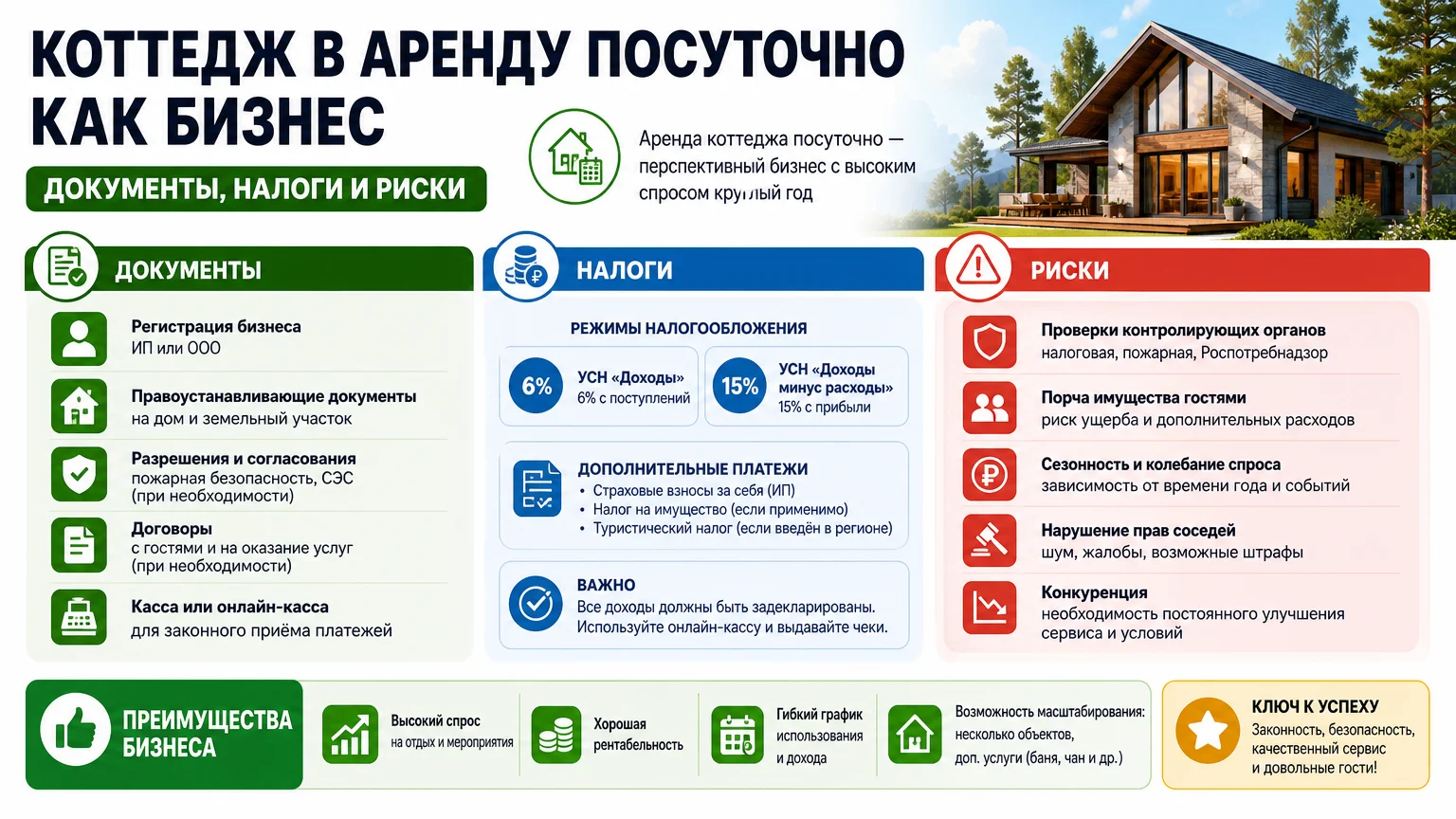 Коттедж в аренду посуточно как бизнес: документы, налоги и риски
