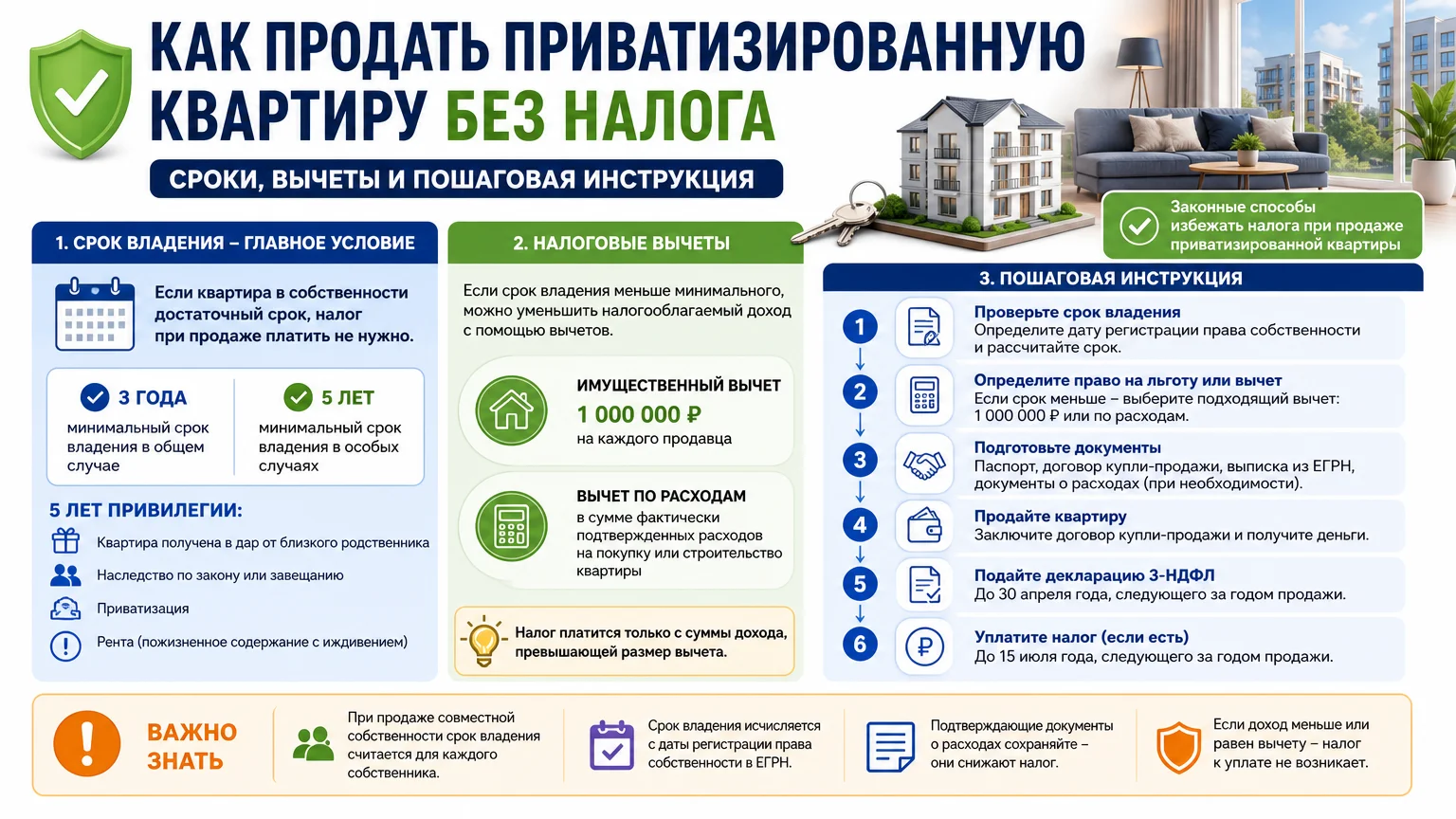 Как продать приватизированную квартиру без налога: сроки, вычеты и пошаговая инструкция