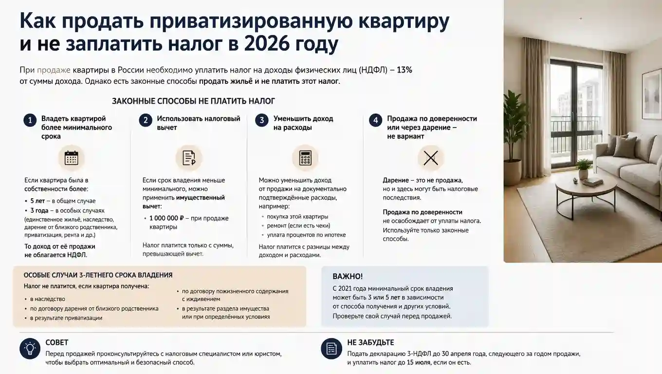 Как продать приватизированную квартиру и не заплатить налог в 2026 году