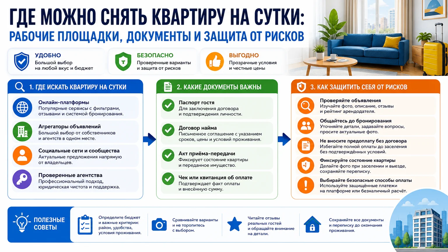 Где можно снять квартиру на сутки: рабочие площадки, документы и защита от рисков