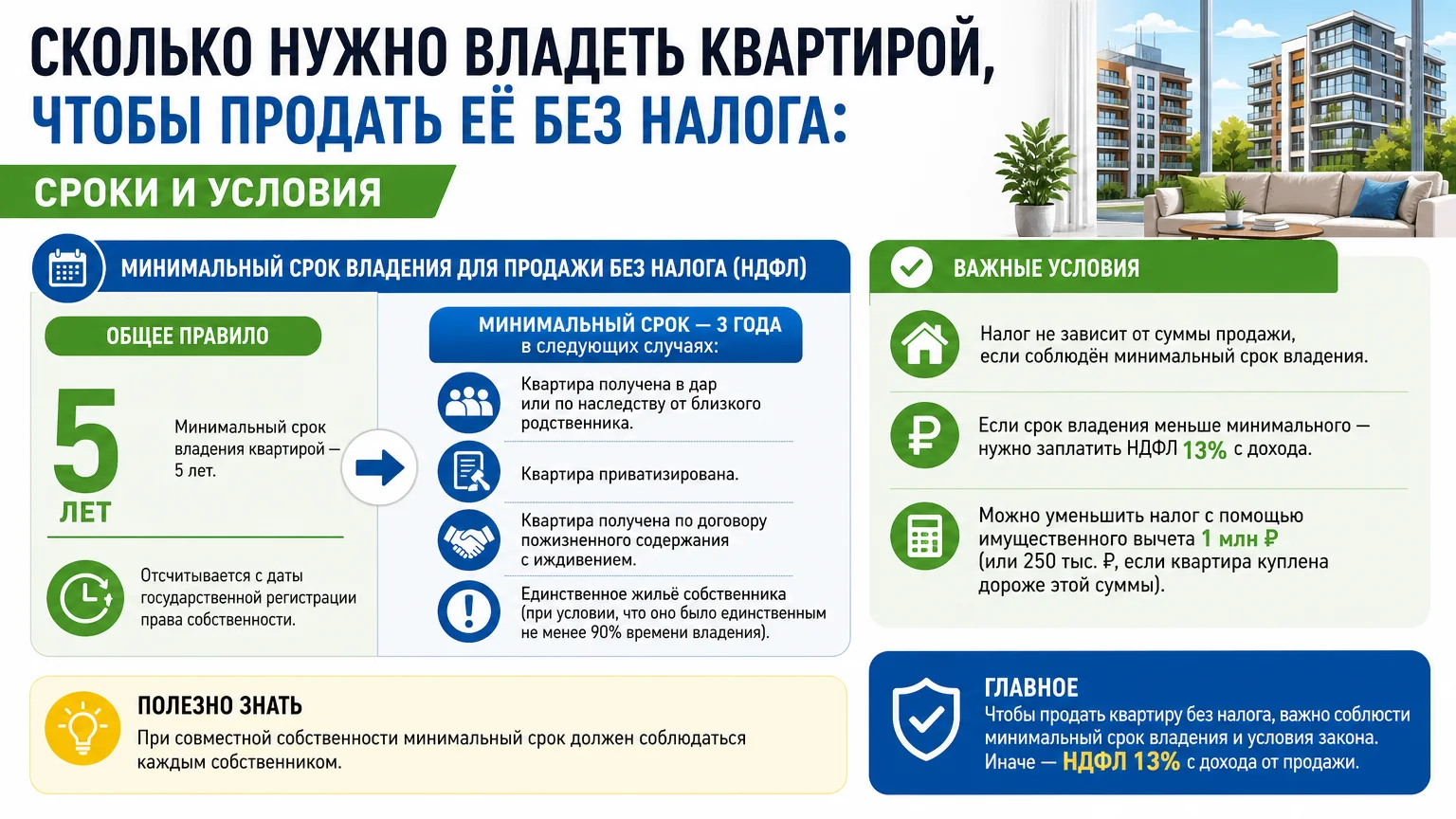 Сколько нужно владеть квартирой, чтобы продать её без налога: сроки и условия