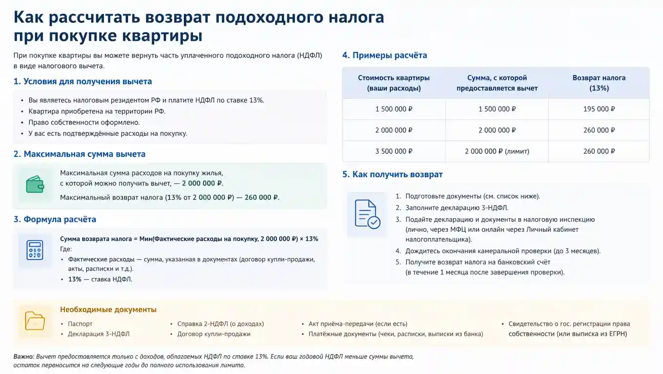Как рассчитать возврат подоходного налога при покупке квартиры в 2026 году