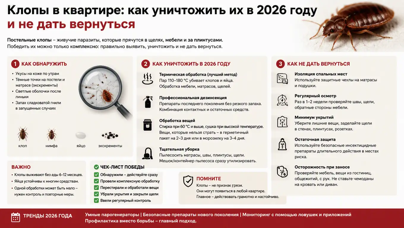 Клопы в квартире: как уничтожить их в 2026 году и не дать вернуться